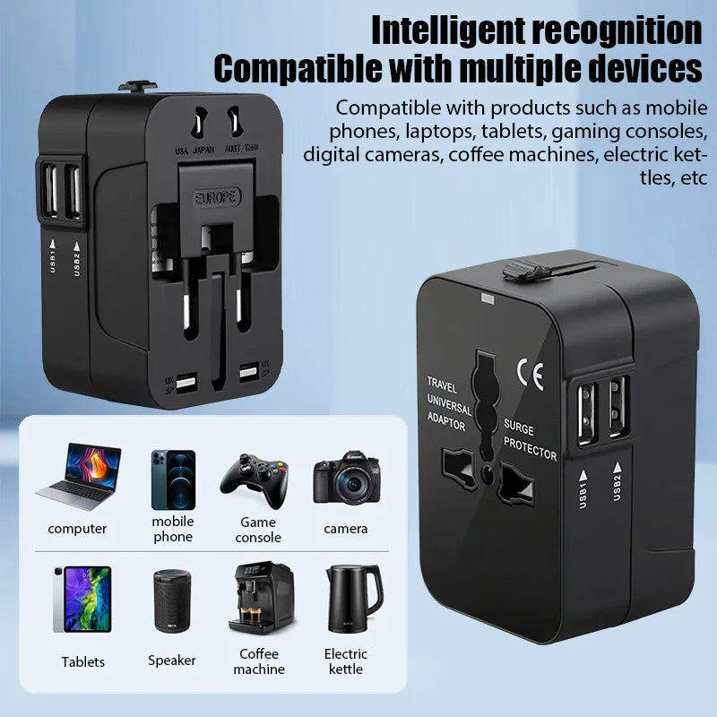 All-in-One Universal Travel Adapter with Dual USB Ports - Perfect for EU, UK, US, and AU Power Outlets