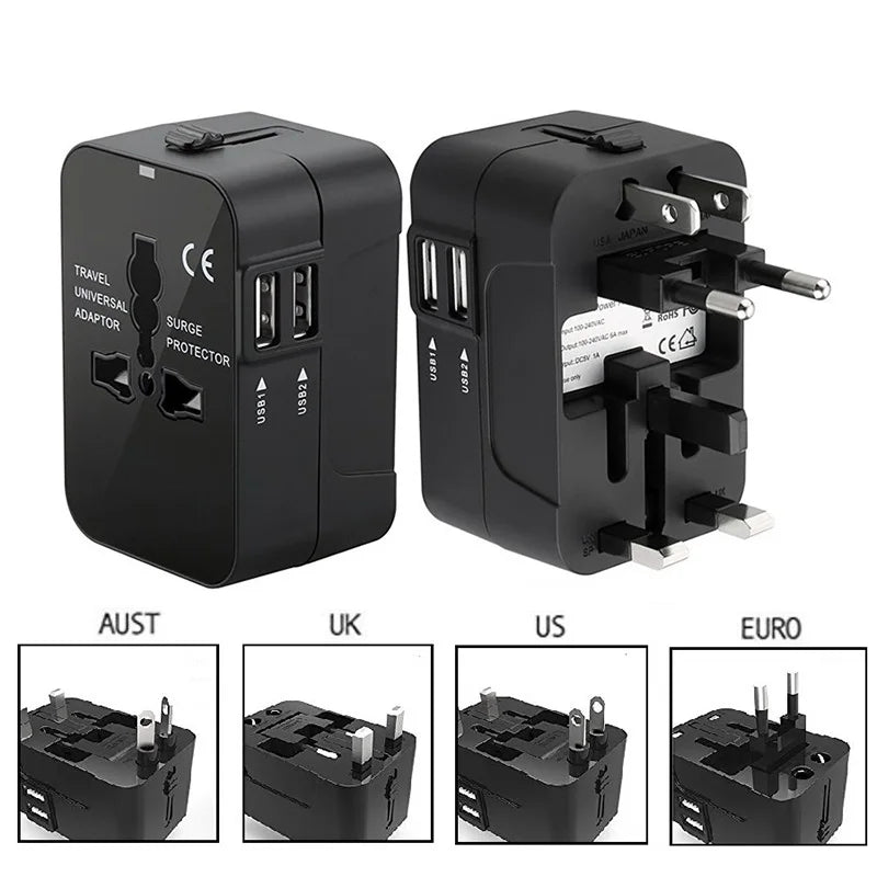 All-in-One Universal Travel Adapter with Dual USB Ports - Perfect for EU, UK, US, and AU Power Outlets