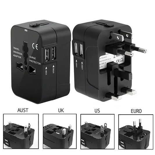 All-in-One Universal Travel Adapter with Dual USB Ports - Perfect for EU, UK, US, and AU Power Outlets